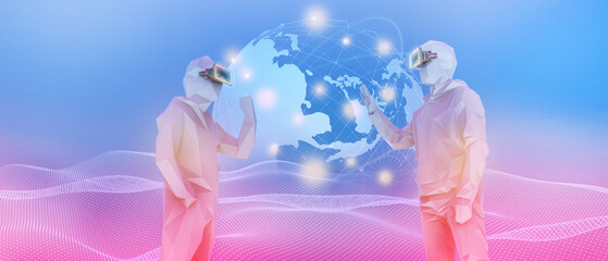 Poster - Metaverse technology for Futuristic virtual world and blockchain Concept, a man with virtual reality VR, Innovation of cyber Space, a man with virtual reality, cyber Space-3d Rendering