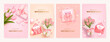 Mother's day poster or banner set with sweet hearts, envelope, bouquet of tulips and gift box on pink background