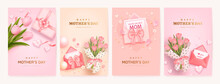 Mother's Day Poster Or Banner Set With Sweet Hearts, Envelope, Bouquet Of Tulips And Gift Box On Pink Background