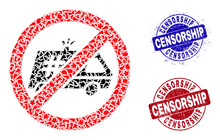 Round CENSORSHIP Unclean Seals With Tag Inside Round Forms, And Spall Mosaic Stop Jail Police Car Icon. Blue And Red Stamps Includes CENSORSHIP Title. Stop Jail Police Car Mosaic Icon Of Debris Parts.