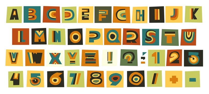 Cutout ABC and numbers in colorful blocks.  Rainbow bohemian alphabet. Kids letters. Collage lettering. Children font.