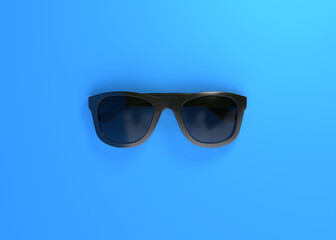 Wall Mural - Black sunglasses on blue background. Top view. Minimal creative concept. 3d rendering 3d illustration