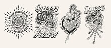 Set Of Black And White Vintage Labels With Roses, Dollar Sign, Chains With Rhinestones, Text, Quotes. Vector Monochrome Illustration. T-shirt Design.
