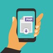 © muh - File download button on smartphone screen. Hand holds smartphone, finger touches button. Downloading document concept for web banners, web sites, infographics. Creative flat design vector illustration