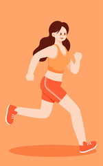 Wall Mural - Girl is running to lose weight, with summer trees and plants in the background, vector illustration