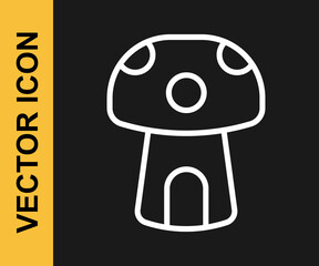 Poster - White line Fantasy mushroom house icon isolated on black background. Fairytale house. Vector