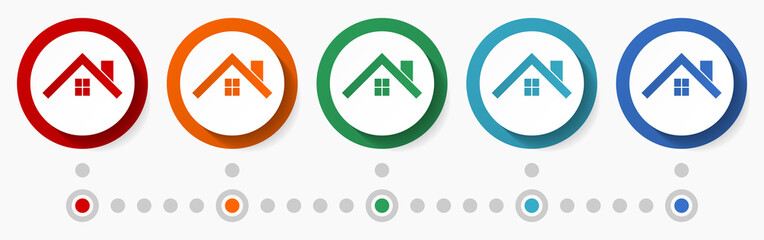 Fototapete - Home, real estate concept vector icon set, infographic template, flat design circle colorful web buttons in 5 color options