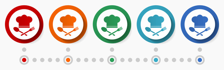 Fototapete - Restaurant, kitchen concept vector icon set, infographic template, flat design circle colorful web buttons in 5 color options