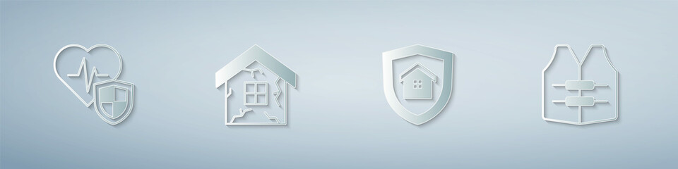 Wall Mural - Set Life insurance with shield, House, and jacket. Paper art style. Vector