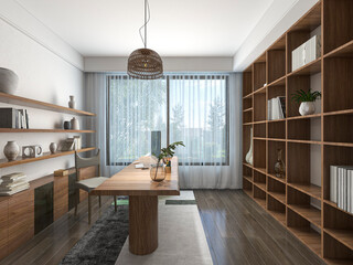 3d rendering. there are wardrobes, cupboards, mirrors and green plants in the study of the family ho