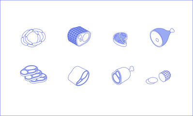 Food set - meat, pork, beef, steak, sausage, ham, bacon. Isometric vector illustration in flat design. Outline, linear style, line art. Meal preparation.