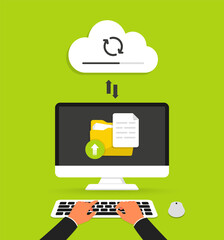 Leinwandbilder - Cloud computing. Uploading process on computer screen. Data storage and processing. Backup concept. Network cloud service and hosting. Copying file. Person with laptop uploading files to cloud storage