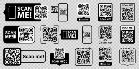 Leinwandbilder - Set of QR codes with scan me inscription with phone. Qr code for payment, e-wallet, web, mobile app. UI UX design element. Inscription scan me. Barcode scan for smartphone. Mobile payment and identity