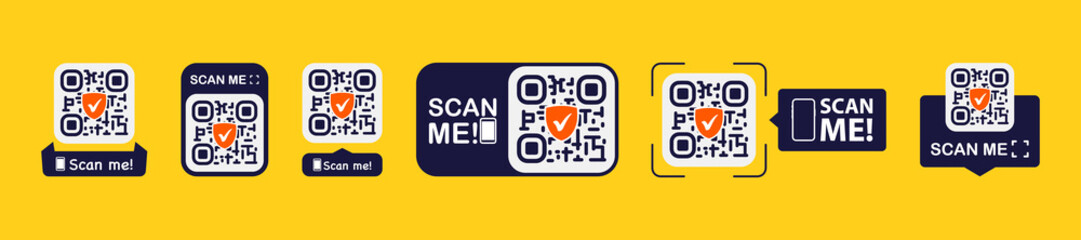 Leinwandbilder - Set of QR codes with scan me inscription with phone. Qr code for payment, e-wallet, web, mobile app. UI UX design element. Inscription scan me. Barcode scan for smartphone. Mobile payment and identity