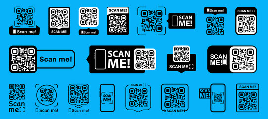 Leinwandbilder - Set of QR codes with scan me inscription with phone. Qr code for payment, e-wallet, web, mobile app. UI UX design element. Inscription scan me. Barcode scan for smartphone. Mobile payment and identity