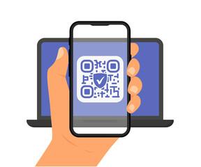 Leinwandbilder - QR Code. Hand holding a phone and scanning QR code on laptop screen. Barcode scanner technology. Qr Verification Concept. Machine-readable barcode. Qr code for payment, e-wallet, web, mobile app