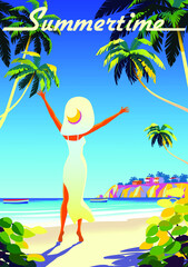 Wall Mural - Woman on vacation on tropical beach. Vintage poster. Handmade drawing vector illustration. Art Deco style.