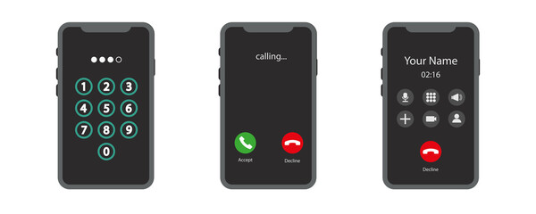 Incoming phone screen screen interface. display keyboard. Unlock screen. Call screens. Vector illustration