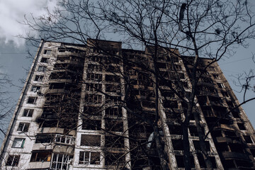 Mariupol, Ukraine - May 1, 2022: Russia's war in Ukraine. Damaged residential building