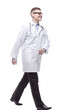 © ASDF - confident doctor with a stethoscope striding forward.