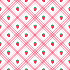 Cute Strawberry Red Fruit Element Red Green Diagonal Stripe Striped Line Tilt Checkered Plaid Tartan Buffalo Scott Gingham Pattern Flat Cartoon Vector Seamless Pattern Print Background Fashion Fabric 