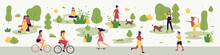 Leisure And Healthy Sport Activity Of People In Summer City Park. Active Female Male Characters Ride Skateboard And Bike, Couple Sitting On Bench And Hugging, Girl Walking Dog Flat Vector Illustration