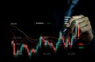 Businessman hand forex trading financial stock market by graph and economic technology investment charts.