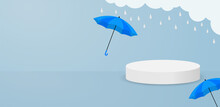Rainy And Monsoon Season Sale Background. Design With Raindrops And Umbrella Vector.