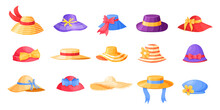 Cartoon Female Hat. Retro Fashion Headwear, Modern Elegant Clothes. Vector Hat Collection