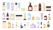 Cosmetics, makeup and skincare products set vector illustration. Cartoon moisturizer lotion and cream, gel and shampoo in plastic bottles, containers and tubes isolated on white. Beauty, salon concept