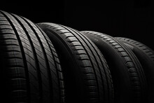 New Car Tires. Group Of Road Wheels On Dark Background. Summer Tires With Asymmetric Tread Design. Driving Car Concept.