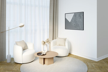 Wall Mural - Light room with a horizontal poster on a white wall near a curtained window, decor on a coffee table next to white modern armchairs and a floor lamp, and a round carpet on the parquet floor. 3d render