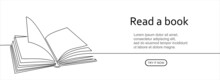 Open Book With Continuous One Line Drawing With Flying Pages. Illustration Of Educational Supplies Back To School Theme For Website Landing Page. Order A Banner For One Line Drawing.