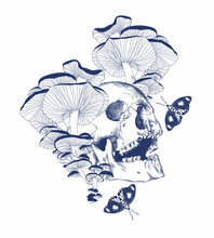 Print Skull And Mushrooms In Vintage Style Blue On White