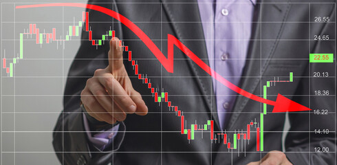 Aufkleber - Office man finger touch hud, virtual screen with stock market changes, business candlesticks graph chart. Double exposure of lines, growing numbers, online trading