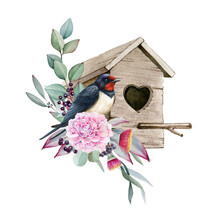 Swallow Bird In Floral Decor. Watercolor Illustration. Hand Drawn Cozy Birdhouse With Flowers, Eucalyptus Branches And Swallow Bird. Tender Floral Rustic Decor Element. White Background