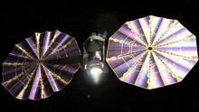 3D Illustration And Artist Depiction Of A Spacecraft With The Right Solar Panel Unlatched And Thruster Firing.