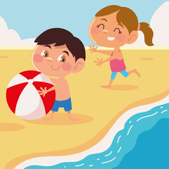 Wall Mural - kids with ball in beach