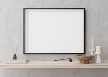 Empty Horizontal Picture Frame On Grey Wall In Modern Living Room. Mock Up Interior In Contemporary Style. Free, Copy Space For Picture, Poster. Close Up. 3D Rendering.