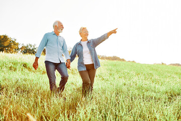 Wall Mural - woman man outdoor senior couple happy lifestyle retirement together smiling love old nature mature