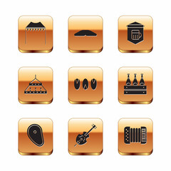 Sticker - Set Camping tent, Steak meat, Violin, Pistachio nuts, Massive steel chandelier, Signboard with glass of beer, Accordion and Homemade pie icon. Vector