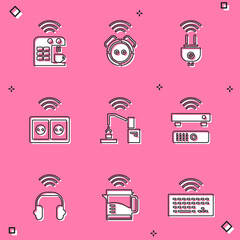 Sticker - Set Smart coffee machine, Robot vacuum cleaner, electric plug, electrical outlet, Robotic robot arm hand factory, Wireless TV box receiver, headphones and kettle icon. Vector