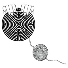 Two human hands holding a round spiral maze or labyrinth symbol and a yarn ball thread leading to it. Ariadne thread. Creative concept for challenge, solution and help. Black and white silhouette.