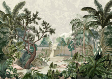 Jungle Landscape With River And Palms. Interior Print Mural.