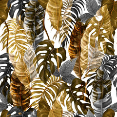  Seamless border with gold tropical leaves, interior wallpaper. Vector