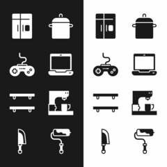 Sticker - Set Laptop, Gamepad, Refrigerator, Cooking pot, Empty wooden shelves, Coffee machine, Paint roller brush and Knife icon. Vector