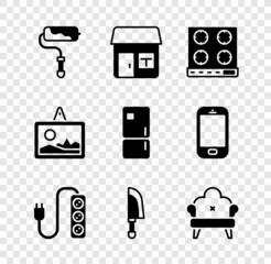 Sticker - Set Paint roller brush, House, Gas stove, Electric extension, Knife, Sofa, Picture and Refrigerator icon. Vector