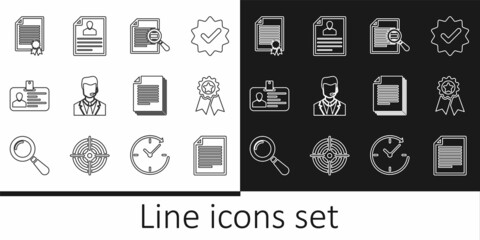 Wall Mural - Set line Document, Medal with star, search, Man headset, Identification badge, Certificate template, and Resume icon. Vector