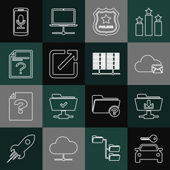 Poster - Set line Car rental, FTP folder download, Cloud mail server, Police badge, Open in new window, Unknown document, Mobile recording and Server, Data, Web Hosting icon. Vector