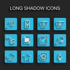 Poster - Set line Network cloud connection, Star, Search location, Police badge, Rocket ship with fire, Unknown document, and Open in new window icon. Vector